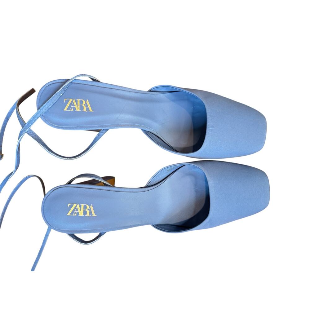 ZARA Chunky Heeled Platform Shoes Size 40 Blue Satin EUC $129 MSRP Square Toe - Picture 6 of 13